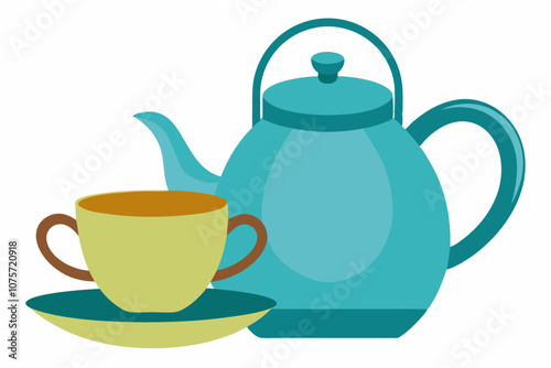 Teapot and cup set, isolated on white vector art illustration 