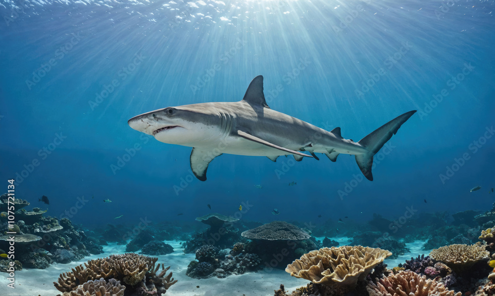 Fototapeta premium A grey reef shark swims through the coral reef in the clear blue water