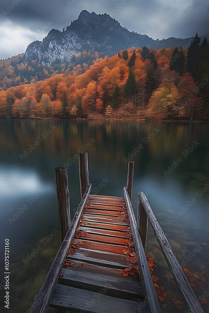 Wooden Dock Leading to a Tranquil Lake and Mountain in Autumn Wooden Dock Leading to a Tranquil Lake and Mountain in Autumn