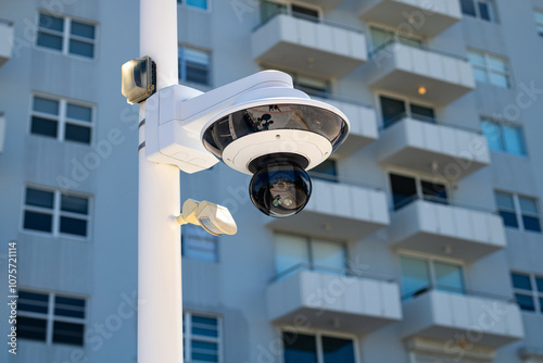 Security camera. CCTV security camera operating. Safety. Security cameras on pole. Security camera with shooting range. Privacy system. photo