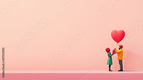  A man and woman with a heart-shaped balloon in front of a pink wall and a red heart balloon