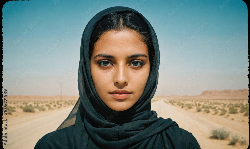 A woman wearing a headscarf stands in a desert setting, looking directly at the camera
