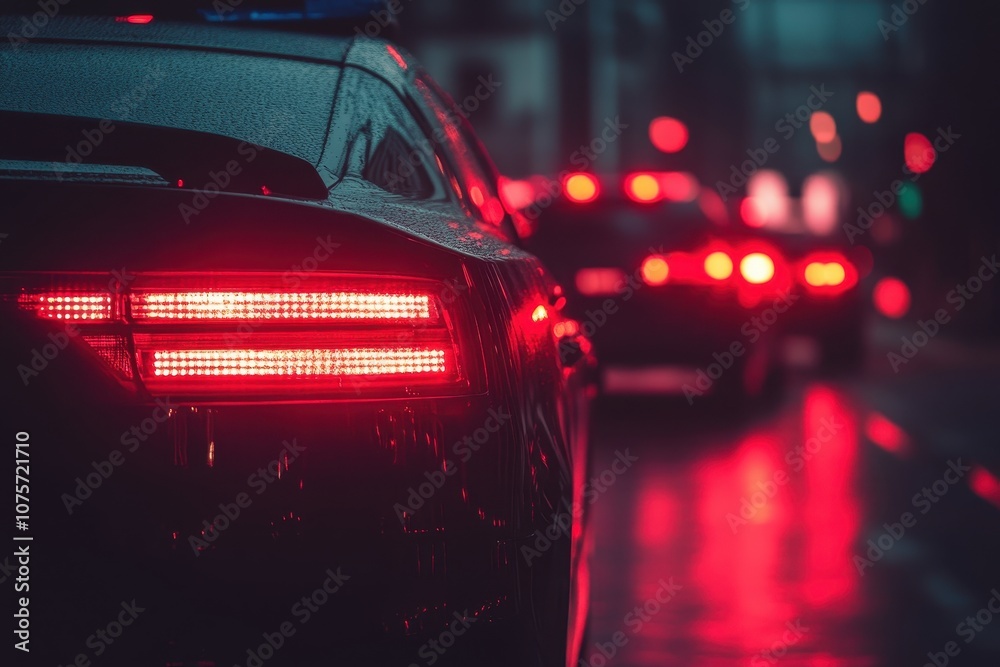 A close-up of a car's taillight at night. This image can represent safety, driving, or transportation. A close-up of a car's taillight at night. This image can represent safety, driving, or transportation.
