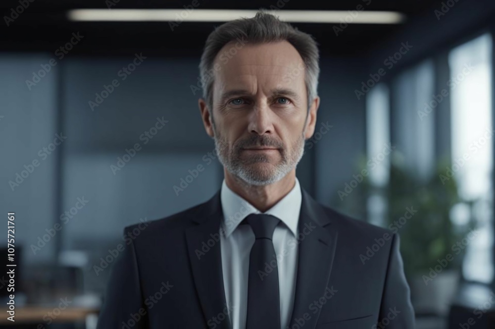 Naklejka premium Mature businessman in suit with confident expression. Portrait of a mature, confident businessman in a suit, standing in a modern office with a serious expression. 