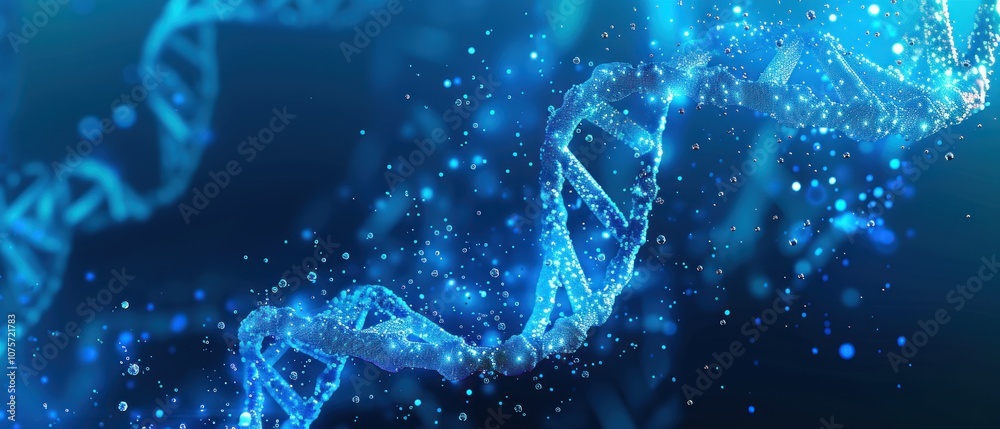 Digital representation of DNA strands with glowing particles, symbolizing genetic science. Digital representation of DNA strands with glowing particles, symbolizing genetic science.