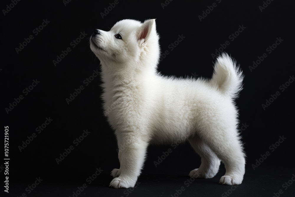 the beside view baby Akita standing, left side view, low angle, white copy space on right, Isolated on black Background the beside view baby Akita standing, left side view, low angle, white copy space on right, Isolated on black Background