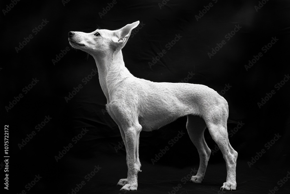 the beside view baby Whippet standing, left side view, low angle, white copy space on right, Isolated on black Background the beside view baby Whippet standing, left side view, low angle, white copy space on right, Isolated on black Background