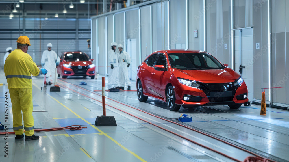 Obraz premium Engineers preparing the car for a crash test