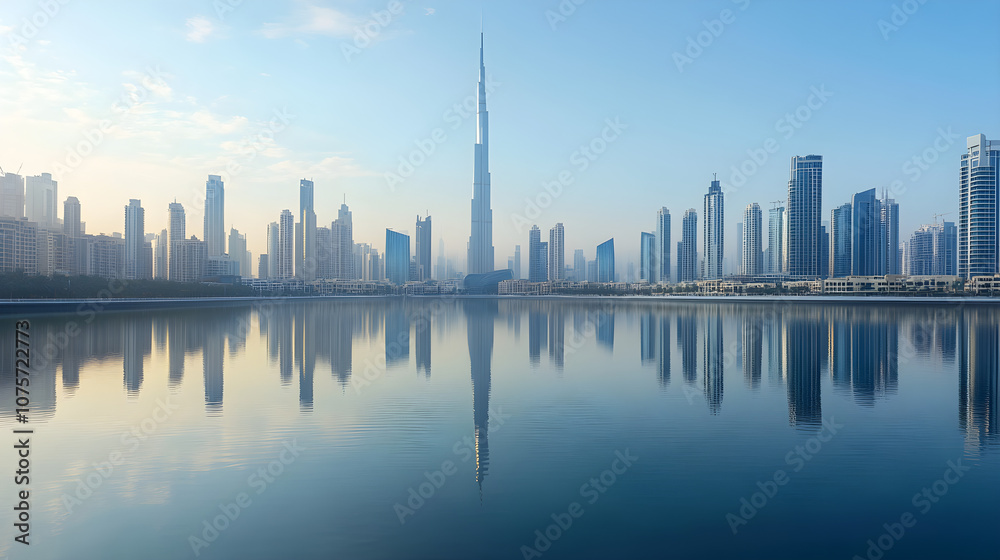 Obraz premium Urban landscape with towering skyscrapers reflecting on a calm river