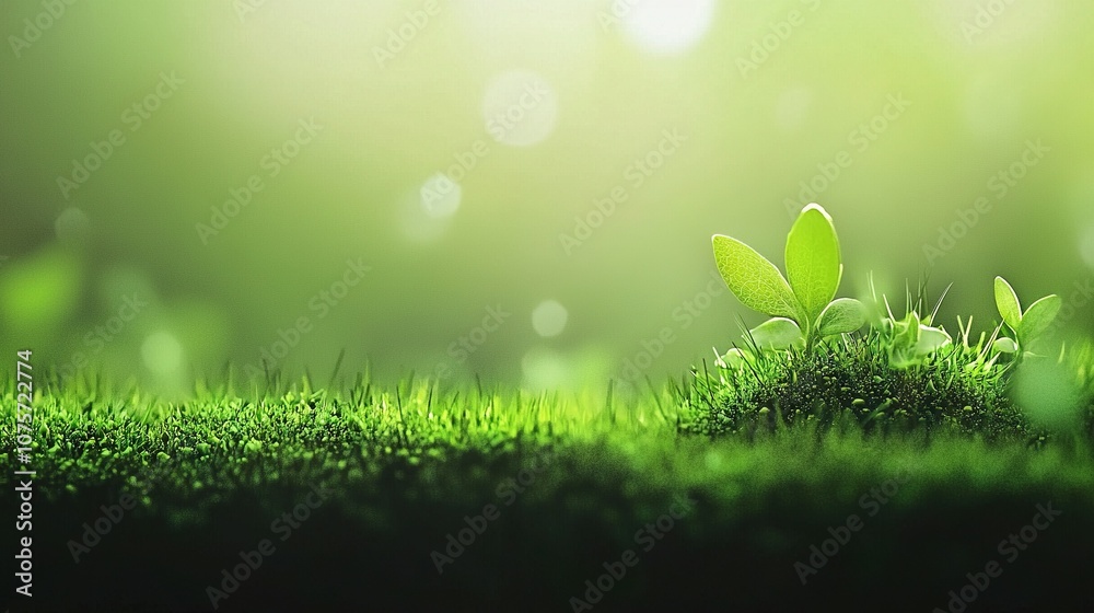 Obraz premium A close-up of a lush grass field with a vibrant green background, featuring a solitary plant growing majestically in the center