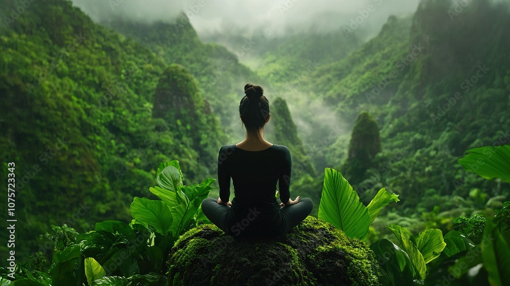 A woman sits on a rock amidst a verdant valley, with majestic mountains in the distance A woman sits on a rock amidst a verdant valley, with majestic mountains in the distance