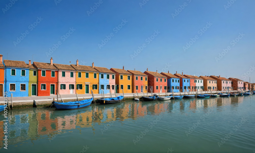Obraz premium A row of brightly colored houses line a canal in Burano, Italy on a clear summer day
