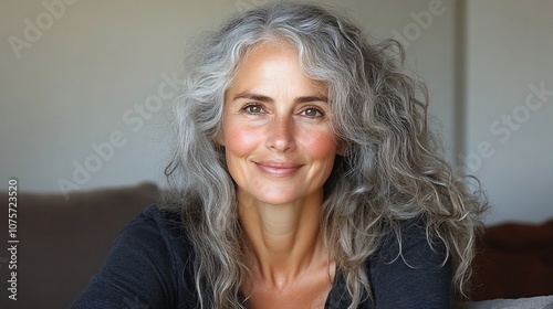 Portrait of a beautiful woman with grey hair looking at the camera with a happy expression.