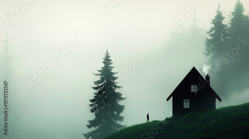  A person standing in front of a house on a hill amidst a foggy forest surrounded by pine trees