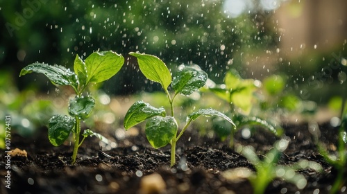 Fresh green plants growing in moist soil, illuminated by gentle rain.