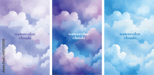 Watercolor vector background with blue, purple, pink sky and clouds. Sugar cotton texture, fantasy gradient, dreamy pastel color. Abstract set for colored vertical  banners. 