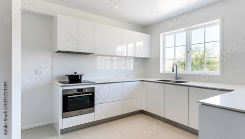 White home kitchen interior with cooking cabinet, window. Mockup wall