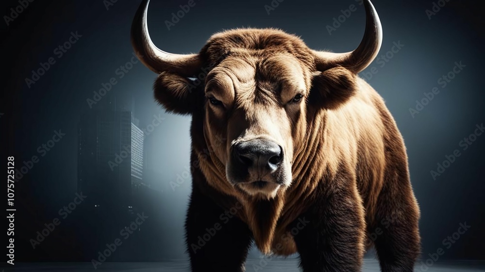 Naklejka premium Powerful Bull in Industrial Setting with Dramatic Lighting. A majestic bull stands in an industrial setting, illuminated by dramatic lighting, creating a powerful and intense atmosphere. 