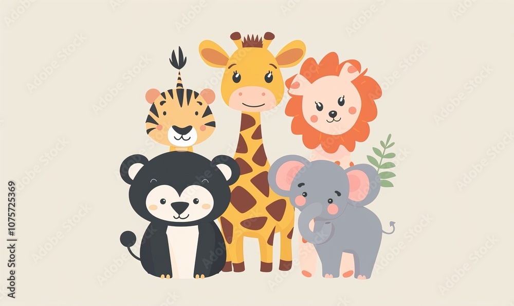 Naklejka premium Realistic cartoon of cute zoo animals with adorable faces and simple modern background ai generated