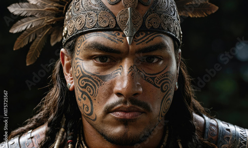 A man with elaborate facial tattoos and a headdress adorned with feathers stares intensely at the camera photo