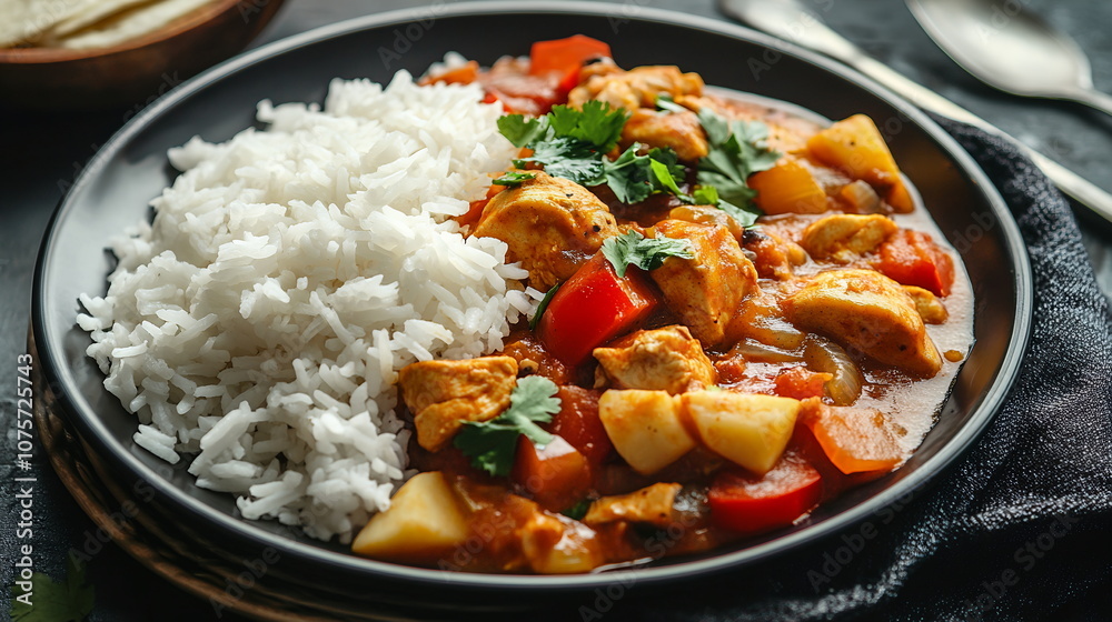 A plate of Guatemalan pepian, a thick stew made with chicken, vegetables, and spices, served with rice and tortillas. Hispanic heritage month tradition A plate of Guatemalan pepian, a thick stew made with chicken, vegetables, and spices, served with rice and tortillas. Hispanic heritage month tradition