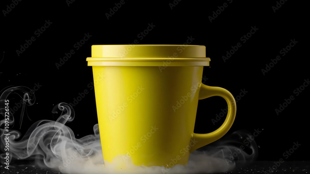 Yellow cup of coffee a soft black background. Mock up coffee cup Yellow cup of coffee a soft black background. Mock up coffee cup