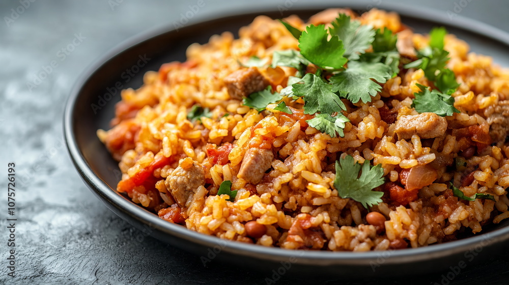 A plate of Puerto Rican arroz con gandules, rice cooked with pigeon peas, pork, and sofrito, garnished with fresh cilantro. Hispanic heritage month tradition A plate of Puerto Rican arroz con gandules, rice cooked with pigeon peas, pork, and sofrito, garnished with fresh cilantro. Hispanic heritage month tradition