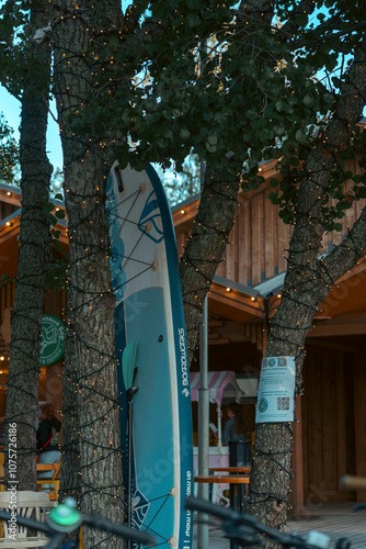 Surfboard leaning against tree at cozy outdoor cafe in evening light