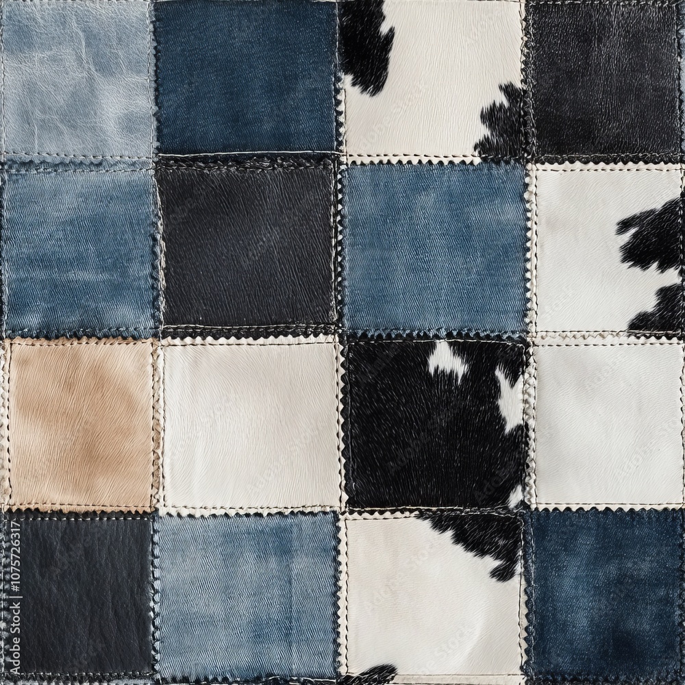 A vibrant patchwork of denim and cowhide in colors like blue, black, and white showcases modern style, perfect for imaginative apparel and complementing contemporary urban tailoring