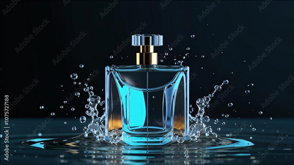 Luxury Perfume Bottle with Splash Effect. A sleek glass perfume bottle with amber liquid, surrounded by dramatic water splashes against a bold black background.
Luxury Perfume Bottle with Splash Effect. A sleek glass perfume bottle with amber liquid, surrounded by dramatic water splashes against a bold black background.