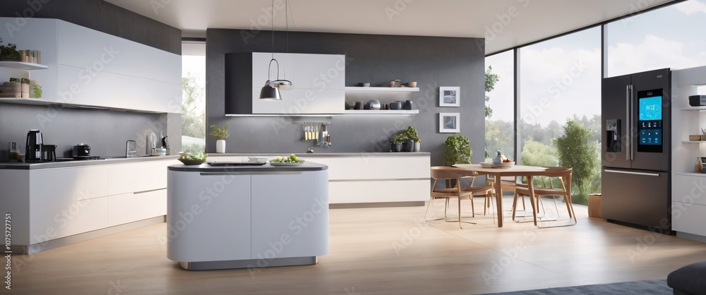 Showcase the power of the Internet of Things with a visually stunning image of a smart home filled with various connected devices and appliances AI, such as smart refrigerators, coffee makers Showcase the power of the Internet of Things with a visually stunning image of a smart home filled with various connected devices and appliances AI, such as smart refrigerators, coffee makers