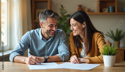 Happy Couple Signing Documents at Home