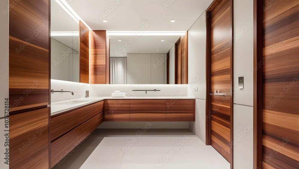 Elegant bathroom design with wooden accents and modern fixtures Elegant bathroom design with wooden accents and modern fixtures