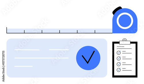 Measuring tape above a form with a blue checkmark and a checklist on a clipboard. Ideal for project planning, quality control, task completion, goal setting, productivity, milestone tracking