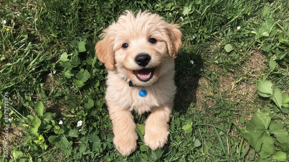 A cute, fluffy puppy sits happily on green grass, showcasing its playful nature and charming smile. A cute, fluffy puppy sits happily on green grass, showcasing its playful nature and charming smile.