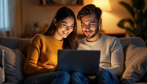 Couple Enjoying Evening Together on Laptop