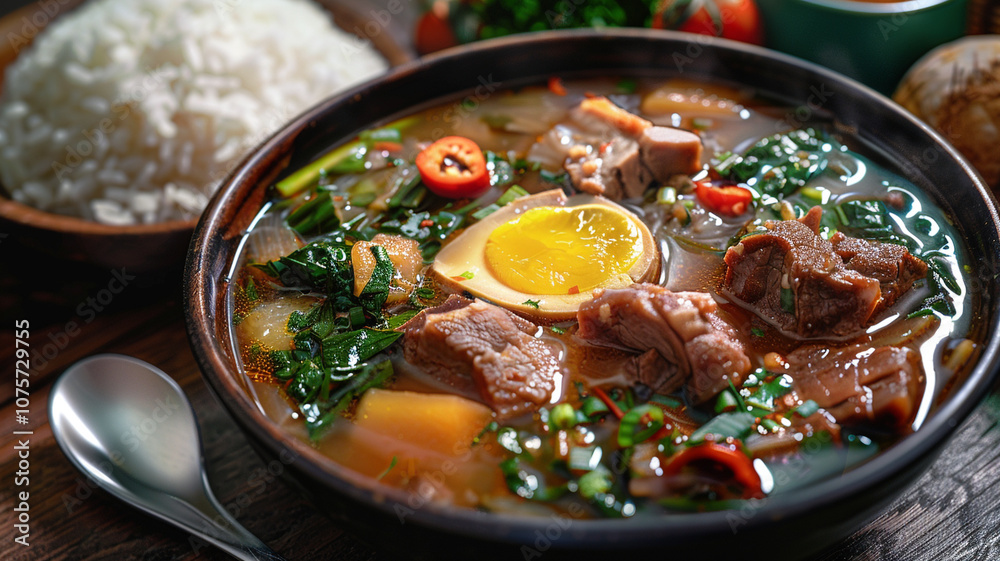 A delicious serving of sinigang, showcasing its unique sour flavor profile enhanced by tender pork and fresh vegetables in a savory broth A delicious serving of sinigang, showcasing its unique sour flavor profile enhanced by tender pork and fresh vegetables in a savory broth