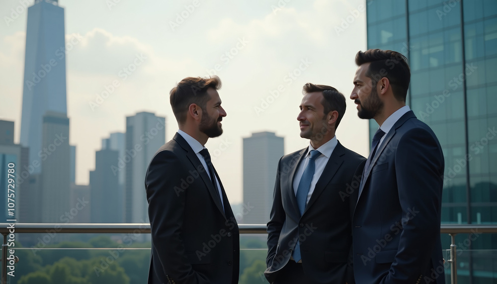 Businessmen in Conversation on City Rooftop Businessmen in Conversation on City Rooftop