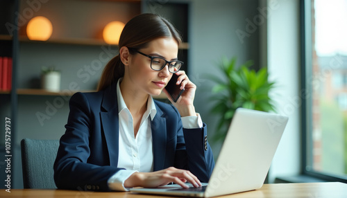 Businesswoman Working on Laptop and Talking on Phone