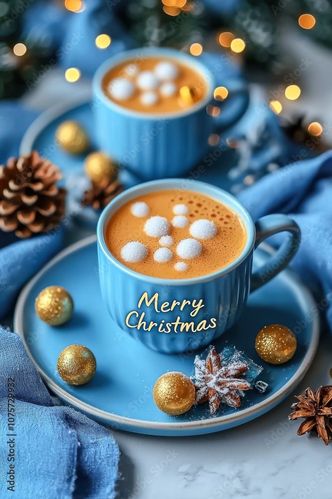 Festive Hot Chocolate Cups with Merry Christmas Message. A warm winter setup with hot cocoa in blue mugs, topped with marshmallows, holiday decorations, and Festive Hot Chocolate Cups with Merry Christmas Message. A warm winter setup with hot cocoa in blue mugs, topped with marshmallows, holiday decorations, and