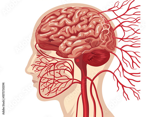 3D illustration of human brain anatomy and head with detailed brain structure on isolated white background.