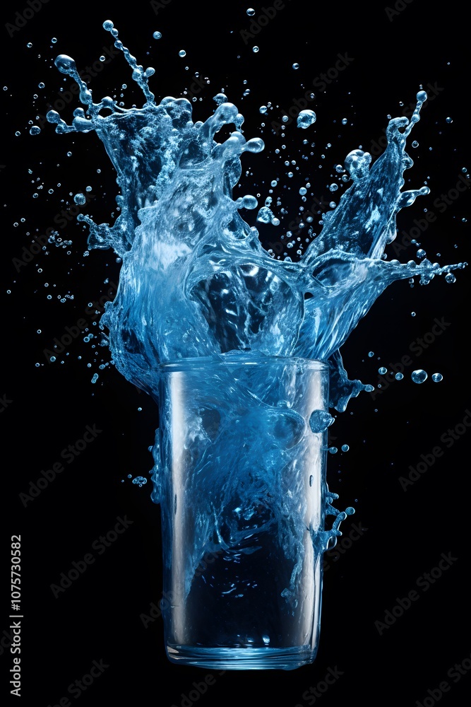A splash of water erupts from a glass against a dark background, showcasing fluid motion. A splash of water erupts from a glass against a dark background, showcasing fluid motion.