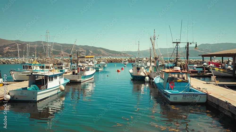 Fototapeta premium Several Fishing Boats Docked in a Harbor