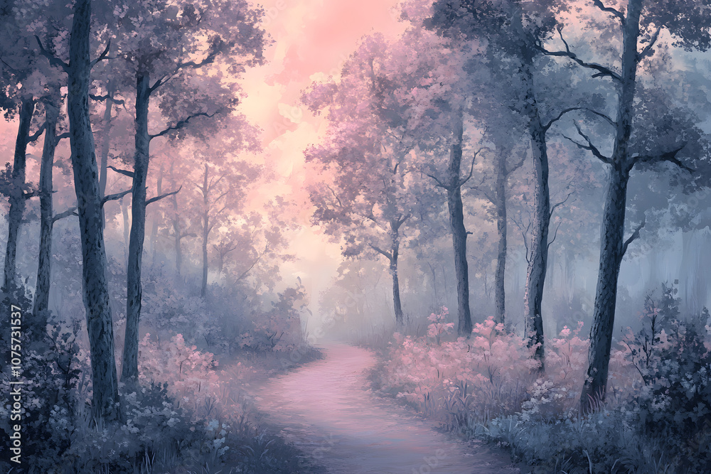 Tranquil Pathway through Enchanted Forest in Transcendent Pink Hues, Evoking Calm and Balance Tranquil Pathway through Enchanted Forest in Transcendent Pink Hues, Evoking Calm and Balance