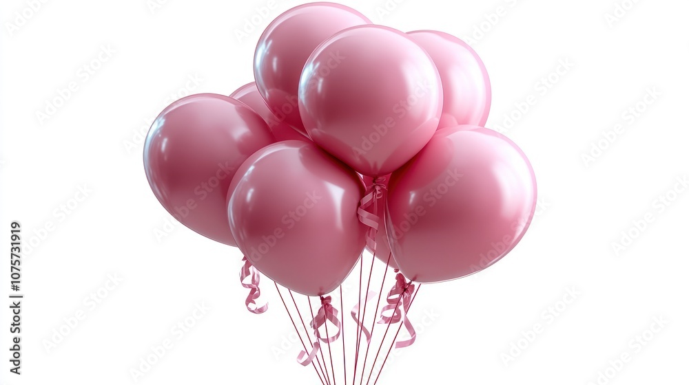 A bunch of pink balloons tied together with pink ribbons isolated on a white background.