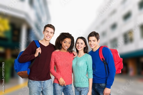 Walking, happy students at university together