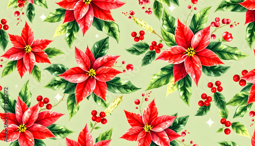 Christmas holiday seamless pattern with poinsettia flowers, mistletoe and holly berries. Watercolor hand painted botanical background, retro floral festive wallpaper with white shades, 