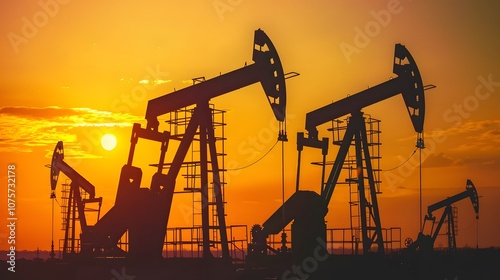 Silhouetted oil pumps against a vibrant sunset sky, illustrating the oil extraction industry.