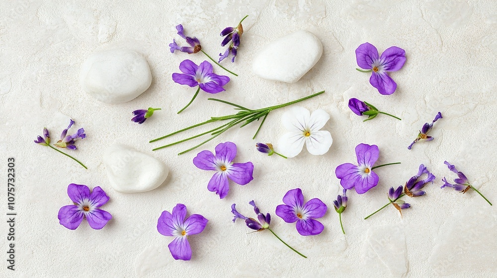 A collection of purple and white blossoms atop a white table, surrounded by stones and a green twig A collection of purple and white blossoms atop a white table, surrounded by stones and a green twig