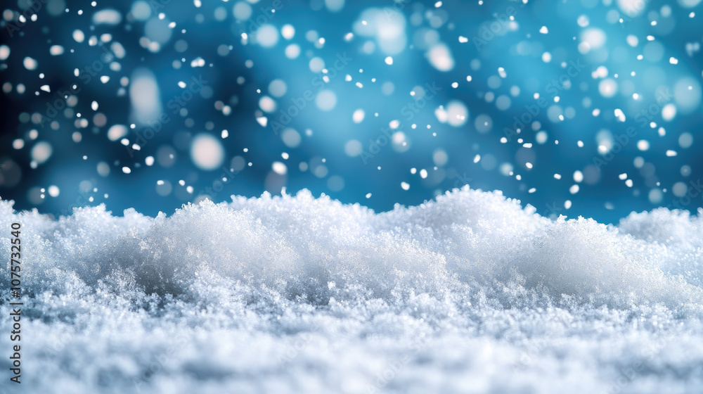 snow falling on blurred bokeh blue background, winter wallpaper, christmas background, new year, snowflakes, frost, xmas, copyspace, place for text, horizontal illustration